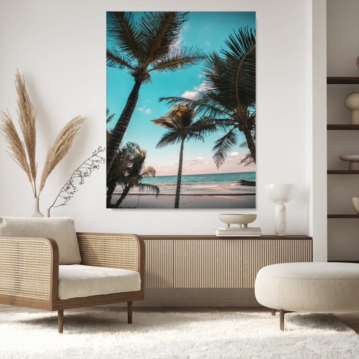 Palm Trees Wall Art Canvas Print, Framed Tropical Beach Art Picture Print, Ocean Breeze Perfect Tropical Coastal Decor Artwork