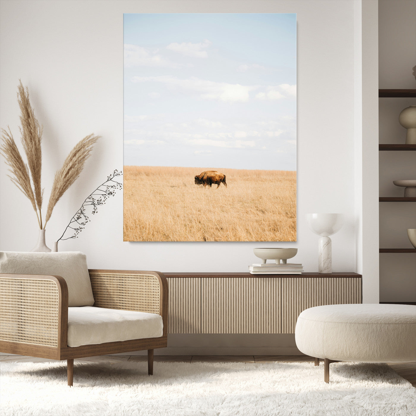 Minimalist Nature Wall Art Canvas Print, Framed Bison In Grassland Art Print, Open Field Perfect Modern Ranch Decor Decor Artwork