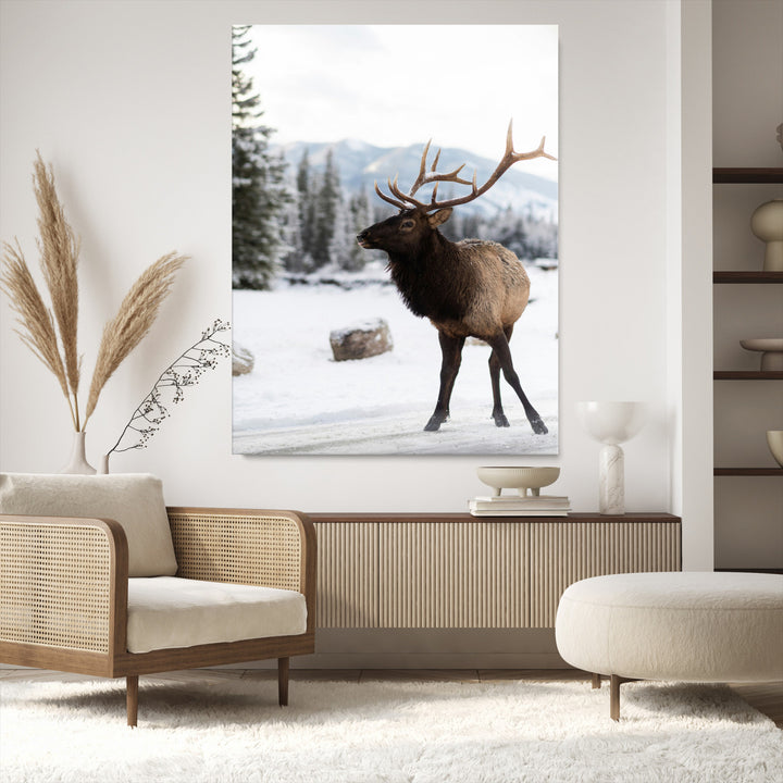Elk Photography Wall Art Canvas Print, Framed Winter Wildlife Art Picture Print, Snowy Mountains Perfect Rustic Cabin Decor Decor Artwork