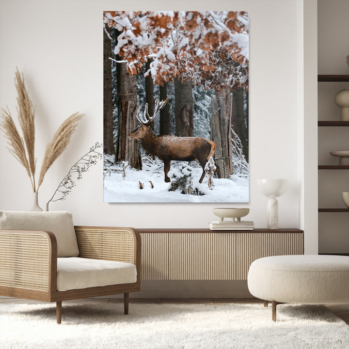 Serene Landscape Wall Art Canvas Print, Framed Winter Wonderland Art Picture Print, Winter Deer Canvas Perfect Rustic Cabin Decor Artwork