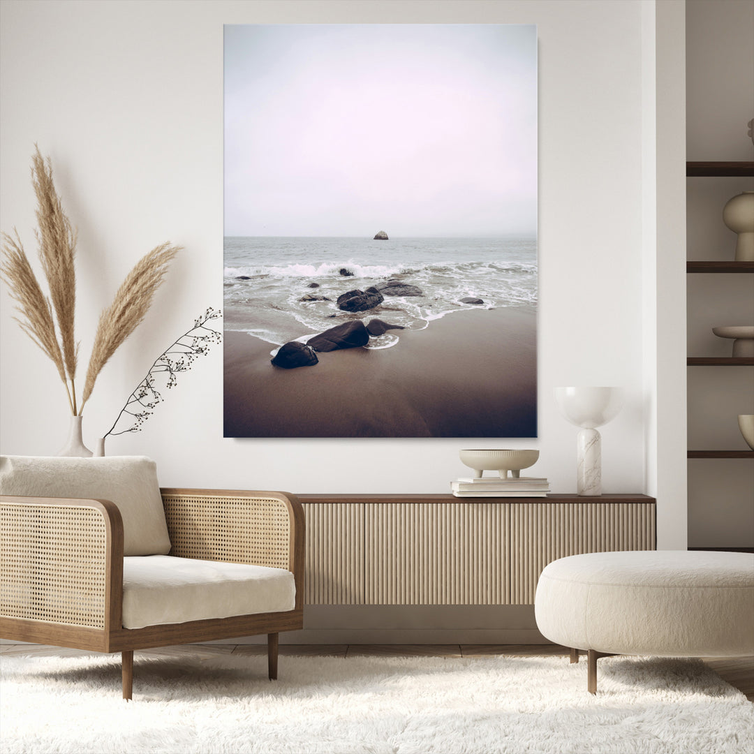 Moody Seascape Wall Art Canvas Print, Framed Neutral Beach Art Picture Print, Foggy Ocean Perfect Minimalist Decor Artwork