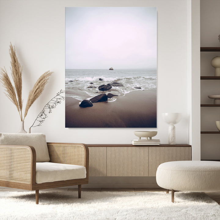 Moody Seascape Wall Art Canvas Print, Framed Neutral Beach Art Picture Print, Foggy Ocean Perfect Minimalist Decor Artwork