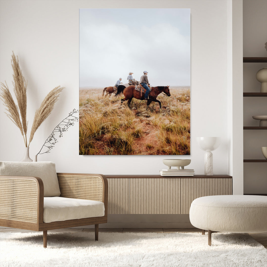 Golden Grassland Wall Art Canvas Print, Framed Western Frontier Mood Art Picture Print, Open Range Riders Perfect Rustic Western Decor