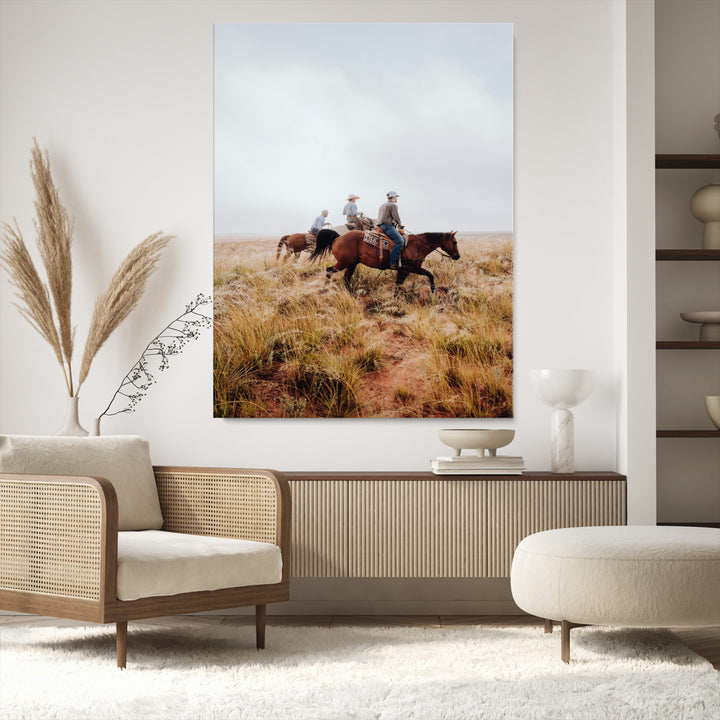 Golden Grassland Wall Art Canvas Print, Framed Western Frontier Mood Art Picture Print, Open Range Riders Perfect Rustic Western Decor