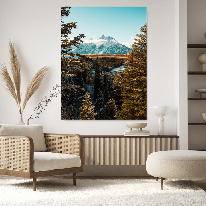 Mountain Landscape Wall Art Canvas Print, Framed Snowy Peaks Art Picture Print, Nature Photography Perfect Rustic Lodge Decor Artwork