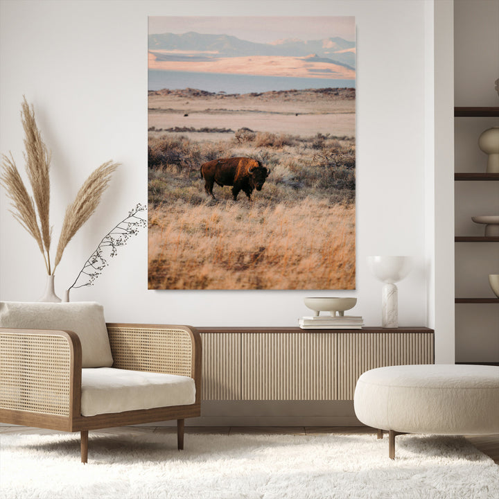 Solitary Buffalo Wall Art Canvas Print, Framed Golden Prairie Art Picture Print, Earthy Tones Perfect Rustic Western Decor Artwork