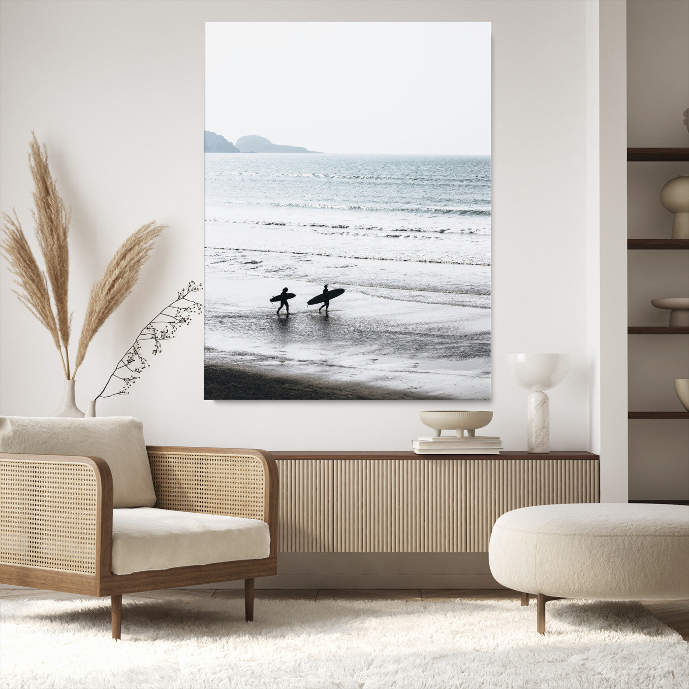 Surfer Silhouettes Wall Art Canvas Print, Framed Minimalist Ocean Art Picture Print