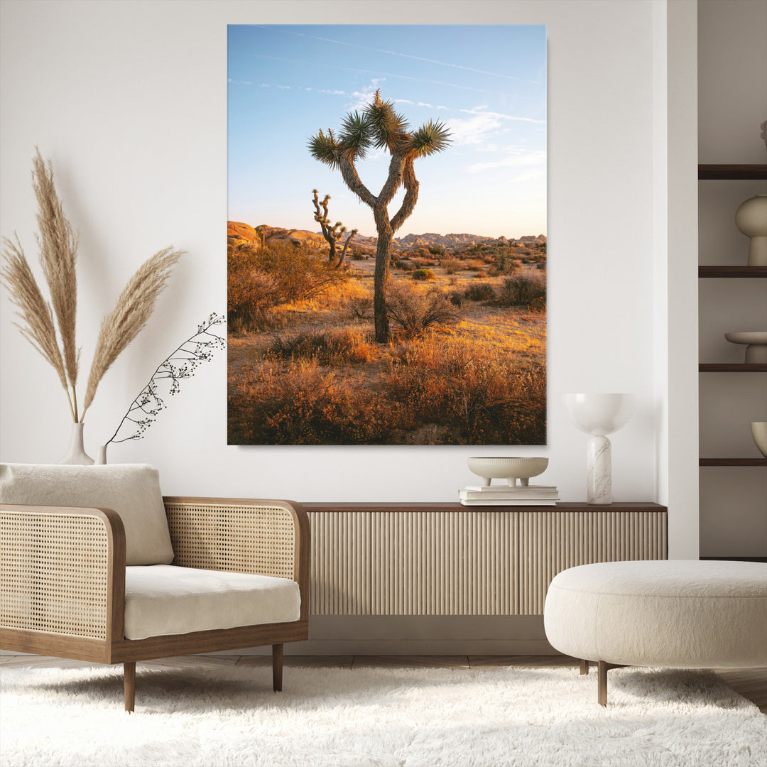 Framed Joshua Tree Print, Golden Hour Desert Print, Framed Sunset Glow Art Print, Large Arid Terrain Printing Southwestern