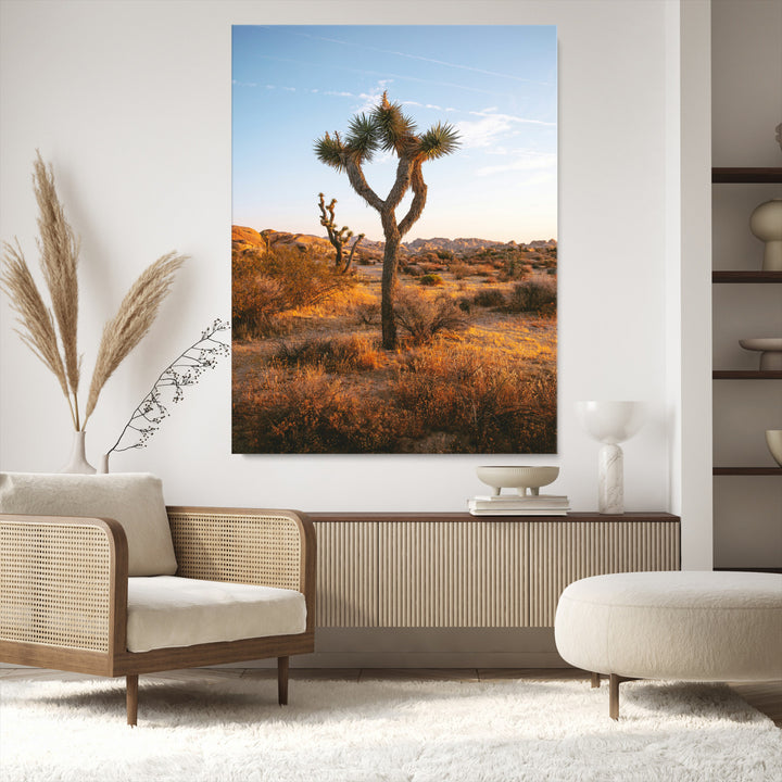 Framed Joshua Tree Print, Golden Hour Desert Print, Framed Sunset Glow Art Print, Large Arid Terrain Printing Southwestern