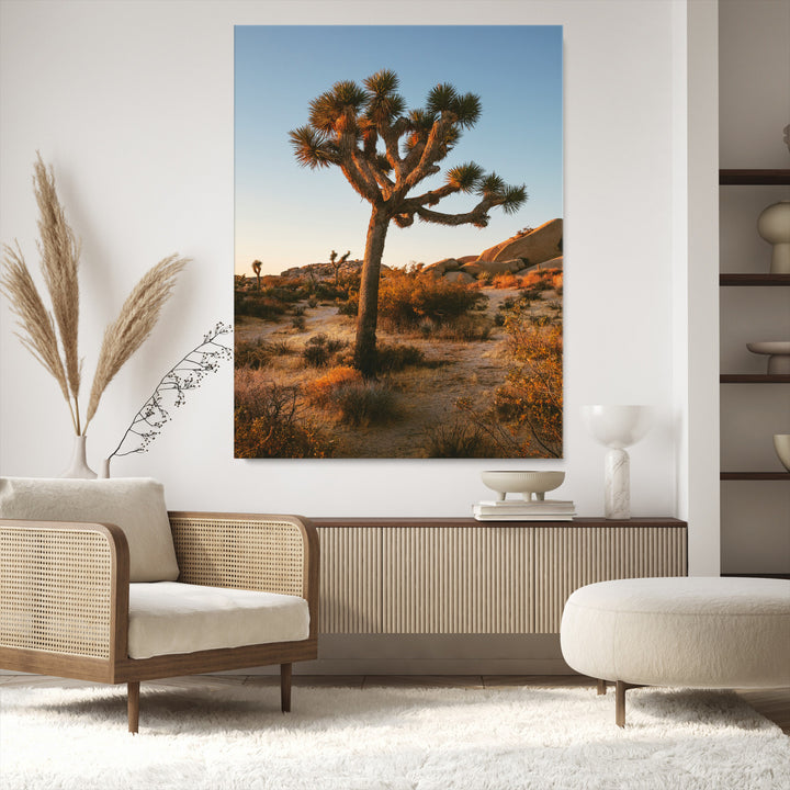 Joshua Tree Artwork Canvas Print, Desert Sunset Print, Framed Golden Hour Light Art Print, Large Southwestern Landscape Printing, Framed