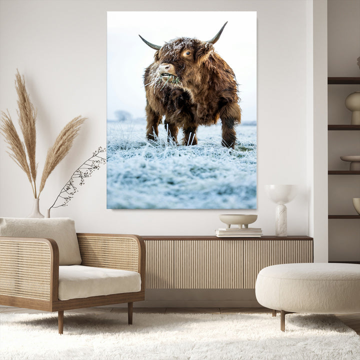 Minimalist Scottish Highlang Cow Wall Art Canvas Print for Farmhouse / County Style Art Print for Living Room - Office Decor