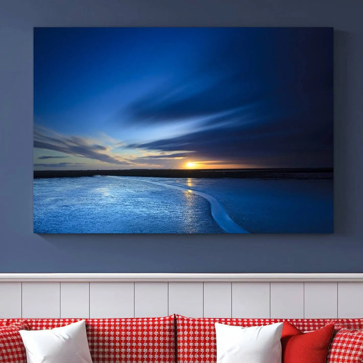 The living room features a triptych of the Wall Art Canvas Print Navy Sunset Lake Landscape Artwork, adding to its tranquil vibe.