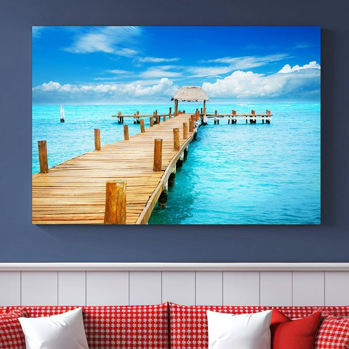 Tropical Pier Triptych Wall Art, Stunning Turquoise Ocean and Wooden Dock Canvas Print, Coastal Beach House Decor, Ocean View Canvas Art