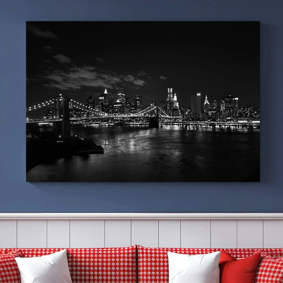 The "NEW YORK Canvas Prints Black and White Brooklyn Bridge Print" is a stunning triptych showcasing the iconic city skyline and bridge. Printed on museum-quality canvas with a UV-protective coating, it is ready to hang and instantly elevates your decor.