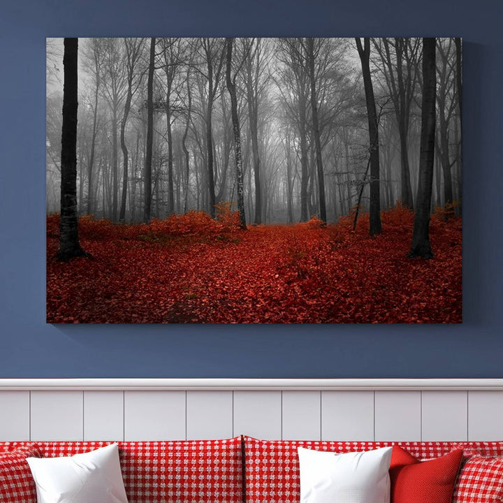 Impression sur toile de paysage d'art mural, forêt merveilleuse avec des feuilles rouges au sol