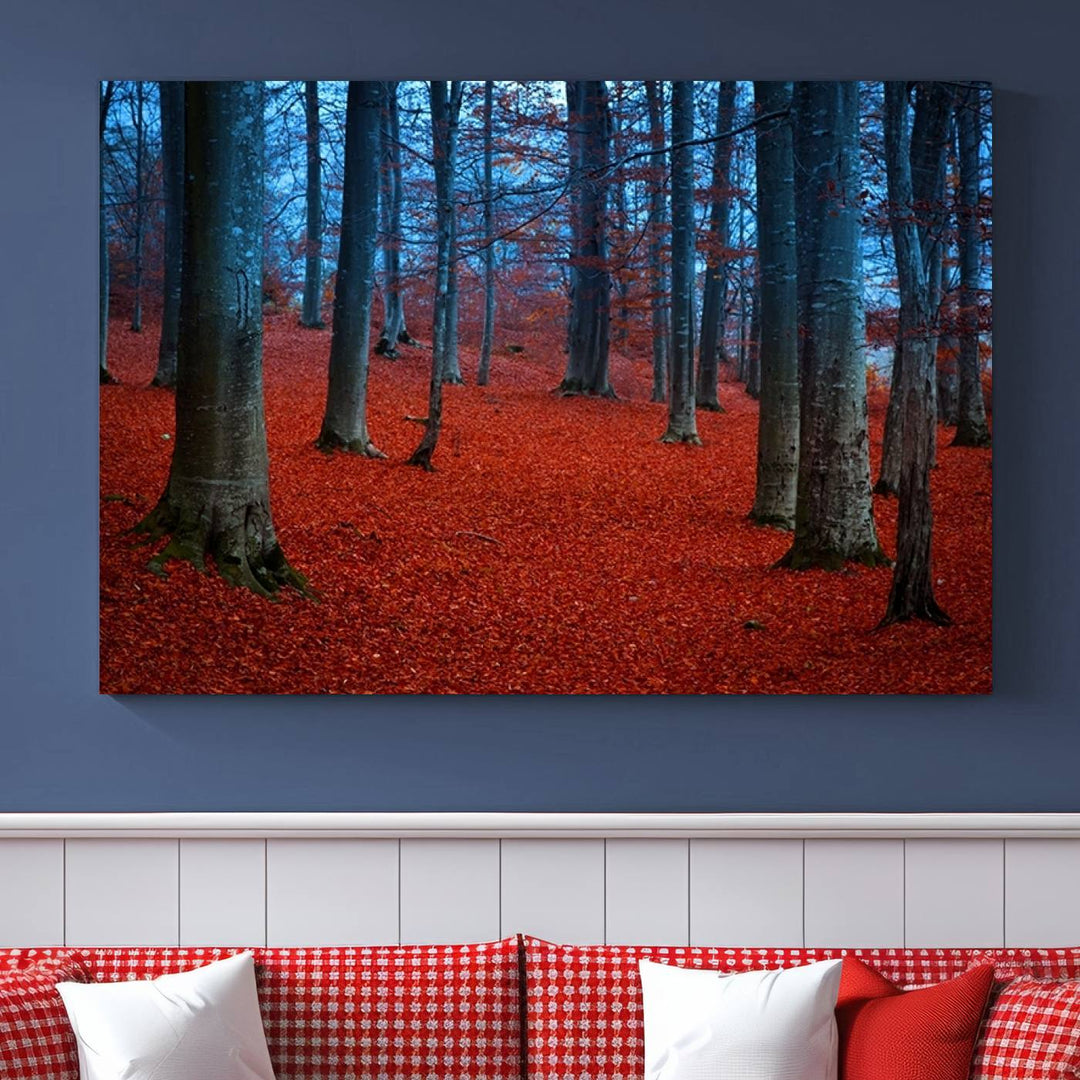 Impression sur toile de paysage d'art mural, feuilles rouges dans la forêt bleue