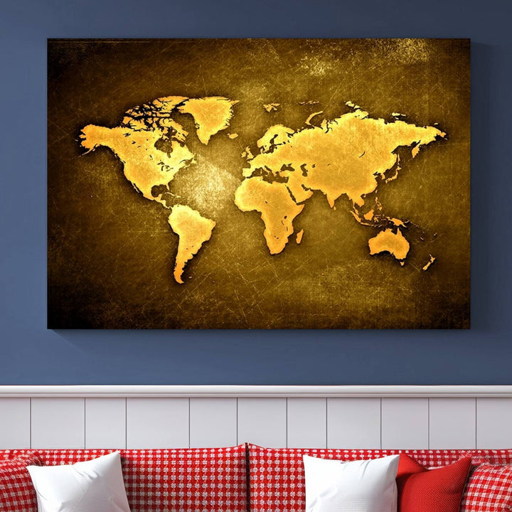 Yellow World Map on Metalic Yellow Background 