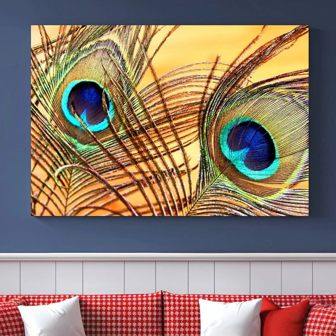 The Peacock Feather Wall Art Print, showcasing a vibrant green, blue, and orange feather design and ready to hang, adorns the space.