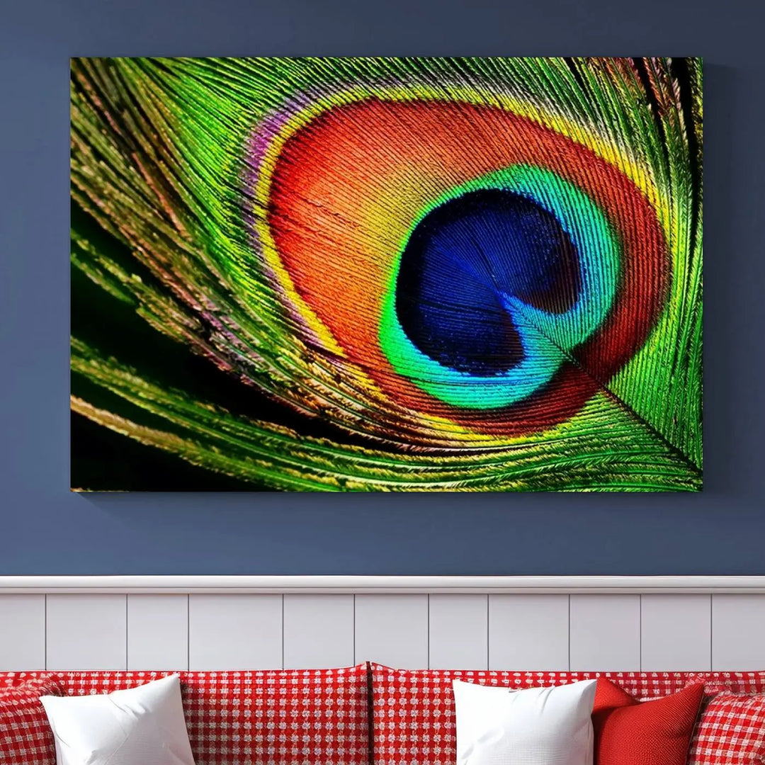 The living room features the "Colorful Peacock Feather Wall Art Print," showcasing a vibrant green, blue, and orange design elegantly displayed above a modern sofa.