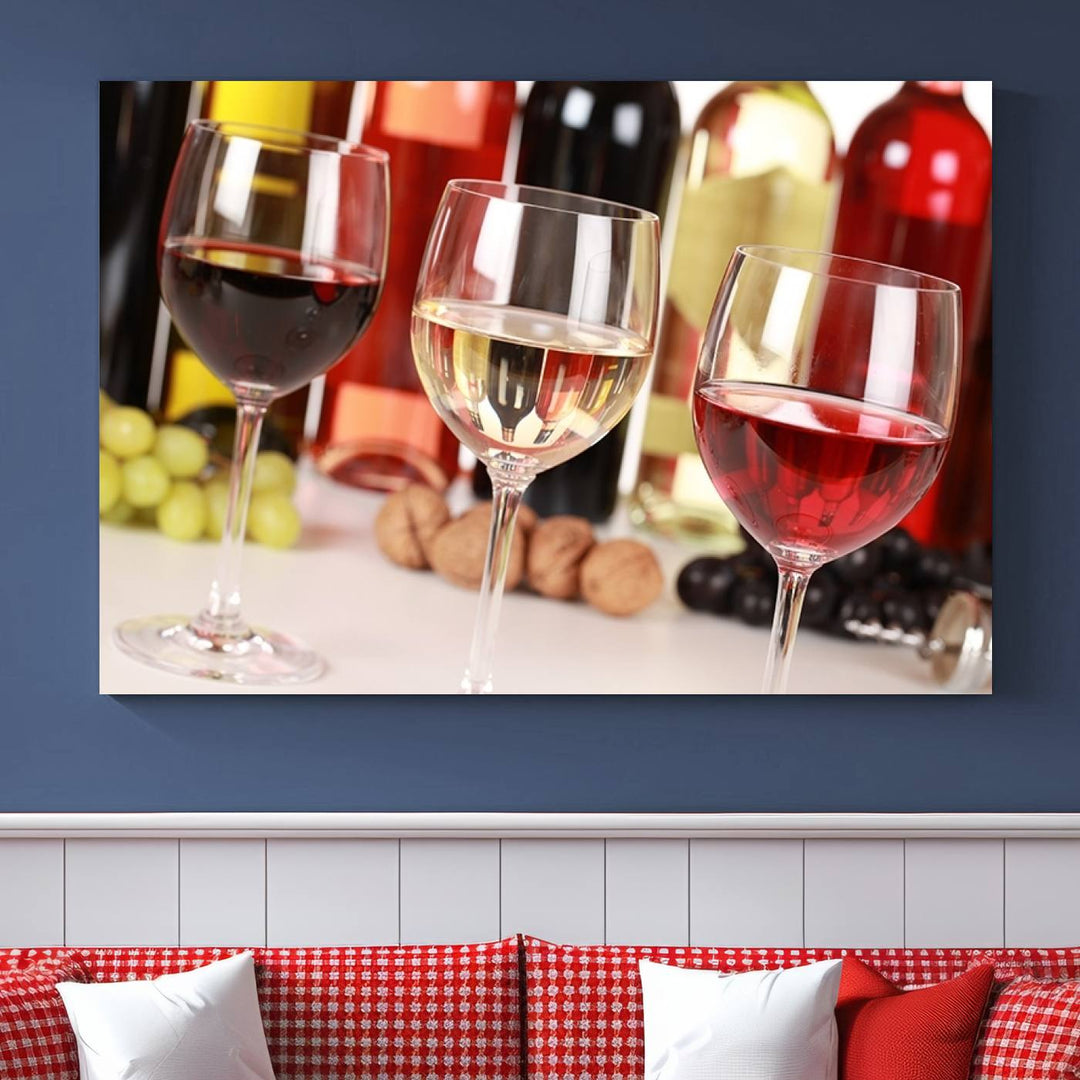 Wall Art Red, White and Rose Wine in Glass Canvas Print