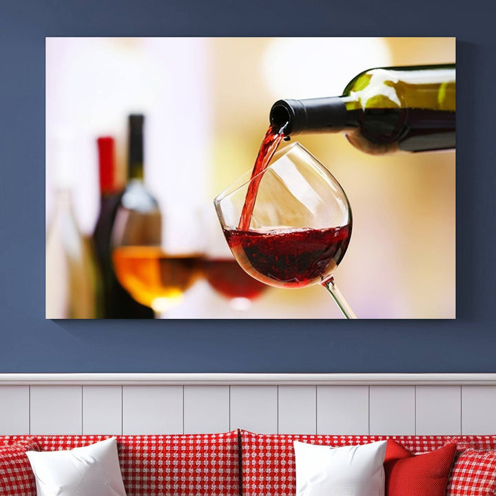 The Filling Red Wine into Glass Red Wine Canvas Print showcases a wine bottle pouring red wine into a glass. This scene, captured on museum-quality canvas, promises timeless elegance and comes with free shipping for effortless delivery to your doorstep.