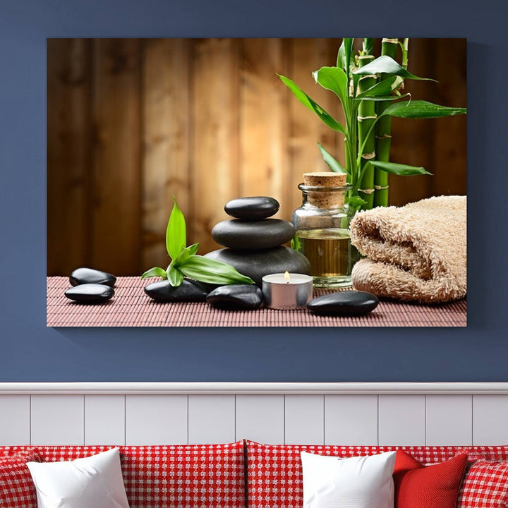 Zen Serenity Triptych Canvas Art, Pink Lotus Flower and Balancing Stones Wall Art, Tranquil Water Lily Canvas Print