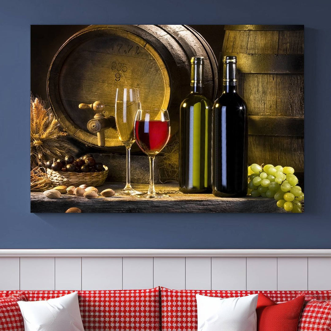 Explore the "Wall Art Red and White Wine with Bottles and Tun Canvas Print," a triptych on gallery-wrapped, museum-quality canvas. Featuring a wine barrel, bottles, and a glass of red wine, it includes a UV-protective coating for lasting vibrancy.