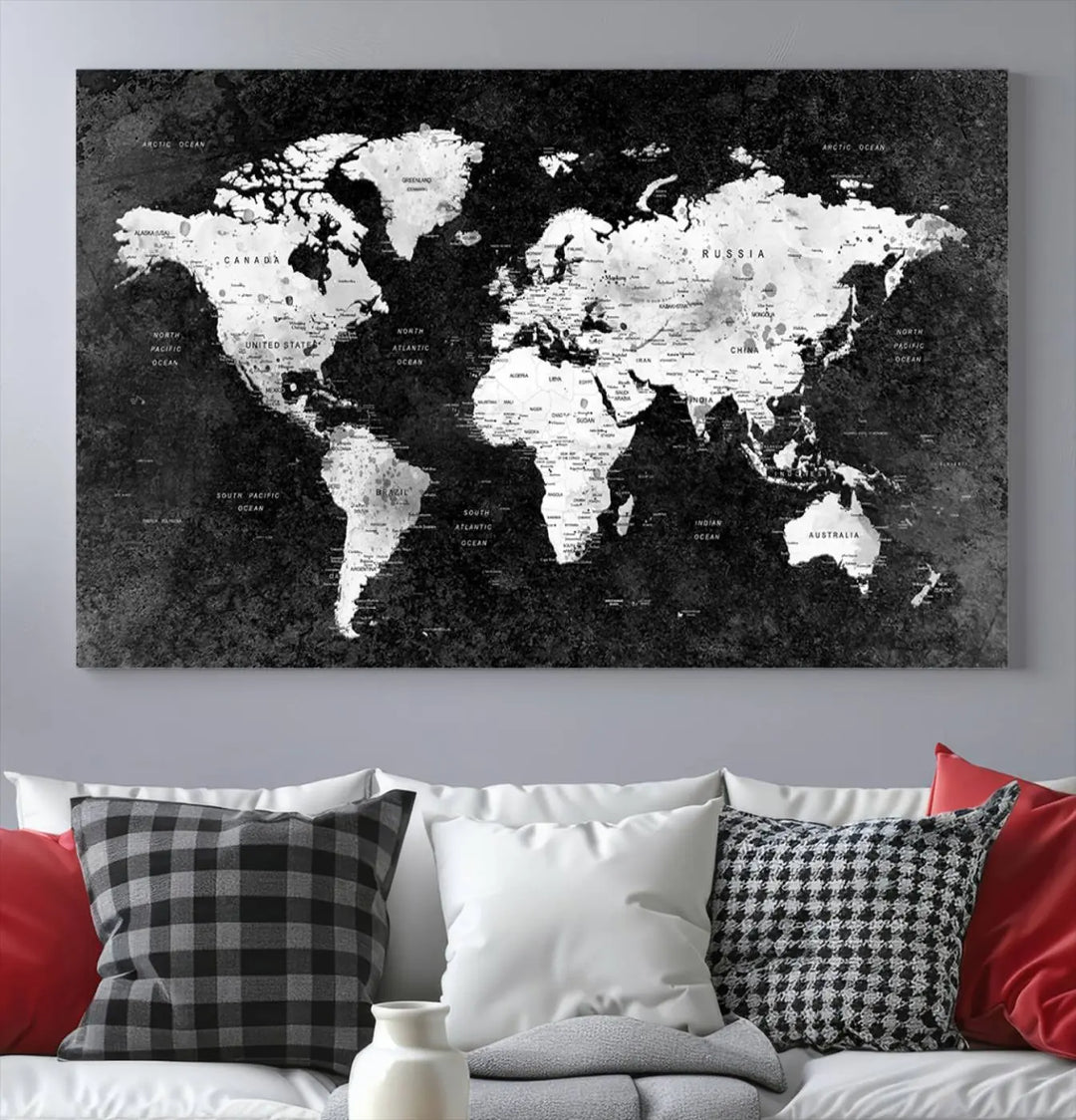 Modern Grayscale World Map 3-Panel Canvas Art | Ready to Hang, Framed | Stylish Minimalist Wall Décor for Home, Office, Living Room, or Study Spaces 