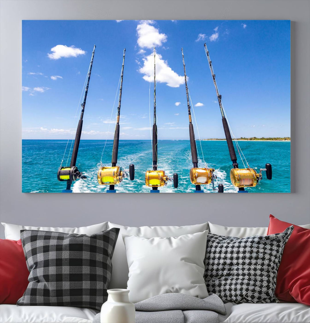 Fishing Roads on Boat Canvas Wall Art Print Ocean Seascape Art Print