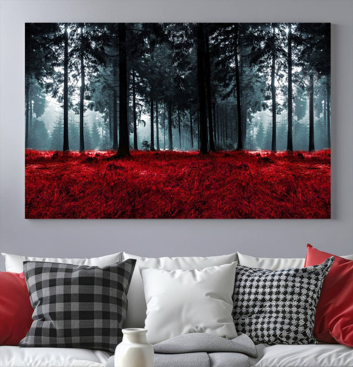 Bosque seductor con hojas rojas Impresión en lienzo Arte de pared grande Arte de lienzo de bosque Arte de paisaje de otoño Impresión de arte enmarcada