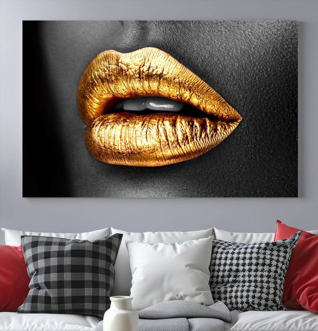 Gold Lips Canvas Wall Art Print Makeup Wall Art Fashion Beauty Canvas Print