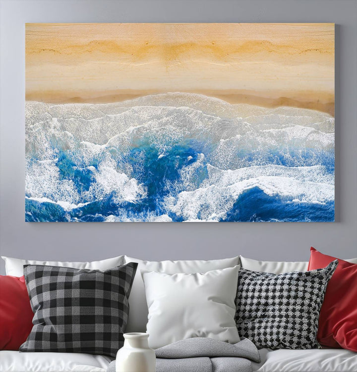 Maravilloso lienzo de playa aérea, impresión artística de pared, paisaje de playa, arte oceánico, pintura abstracta grande, lienzo original enmarcado listo para colgar obras de arte para sala de estar, cocina, dormitorio, decoración del hogar