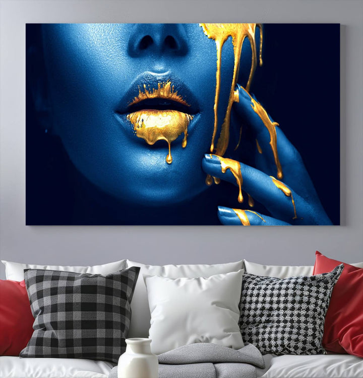 Neón Azul Oro Labios Sensual Fotografía Lienzo Pared Arte Impresión Moda Arte Belleza