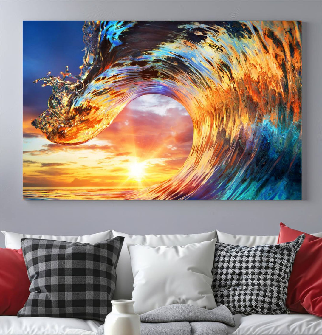 Lienzo decorativo para pared, diseño de olas, rizos, puesta de sol y océano