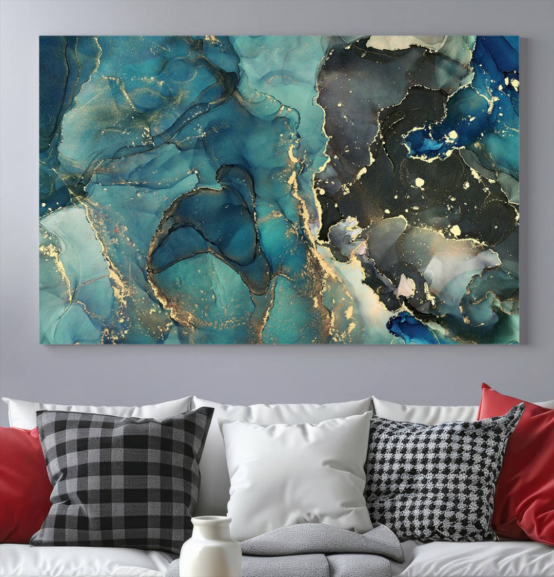 Green and Gold Marble Fluid Effect Wall Art Abstract Canvas Wall Art Print