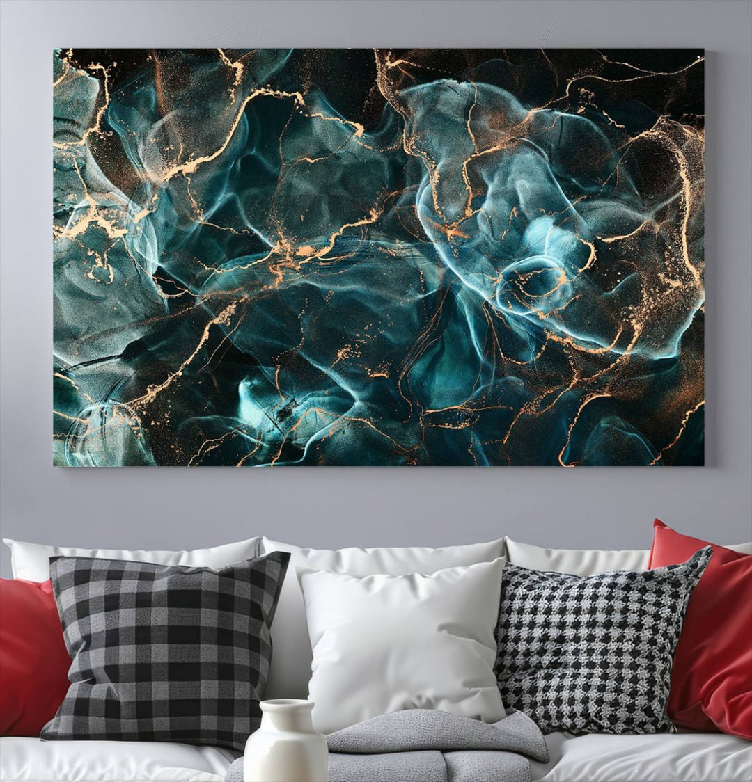 Neon Blue Marble Smokey Effect Wall Art Abstract Canvas Wall Art Print