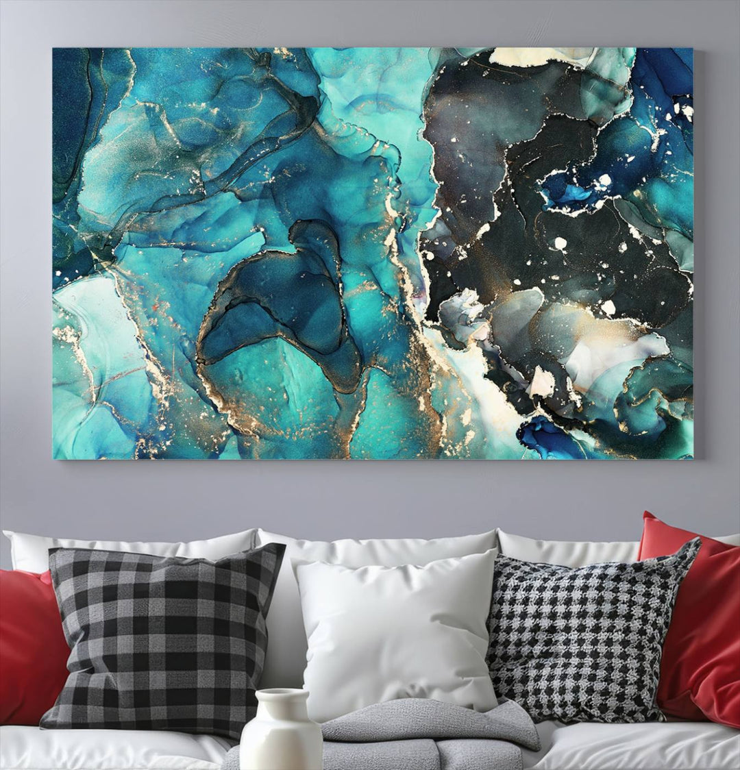 Stylish Teal Color Gold Abstract Canvas Wall Art Print