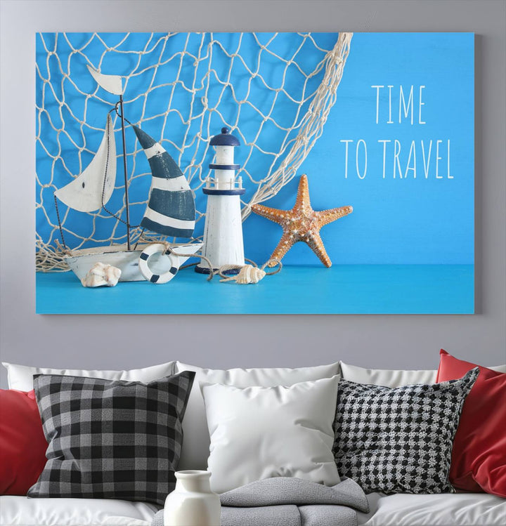 Sailing Boat Starfish and Lighthouse Wall Art Canvas Print