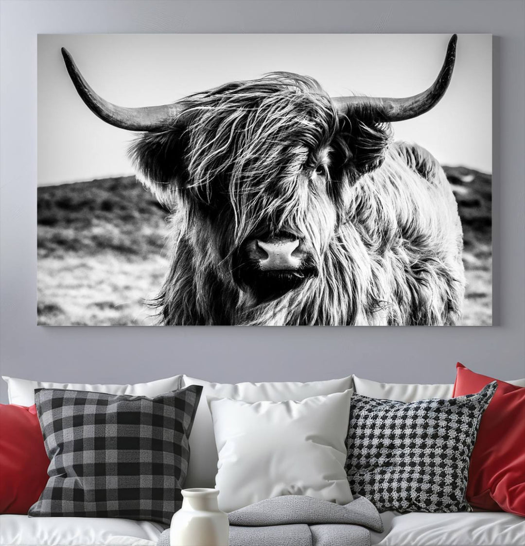 Highland Cow Wall Art | 3-Panel Black and White Highland Cow Canvas Print for Western Farmhouse Decor | Large Framed Giclee Canvas for Living Room