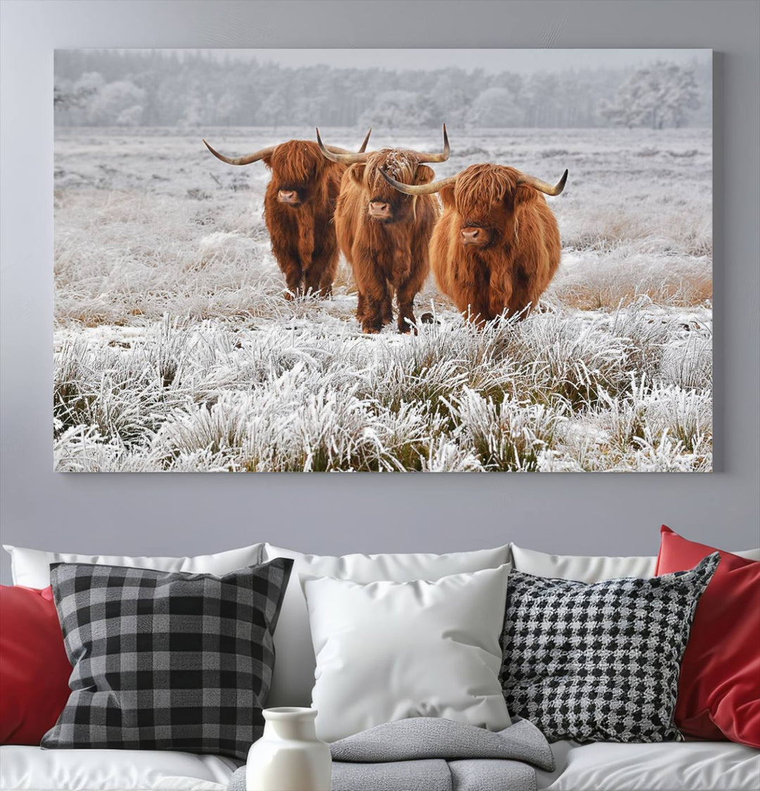 Vaches des Highlands dans la neige Art sur toile Highland Cattle Picture Art Farmhouse Art