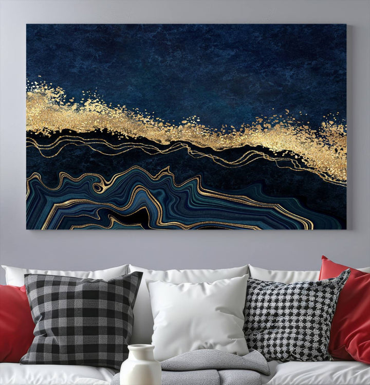 Navy Blue Marble Fluid Effect Large Wall Art Modern Abstract Canvas Wall Art Print