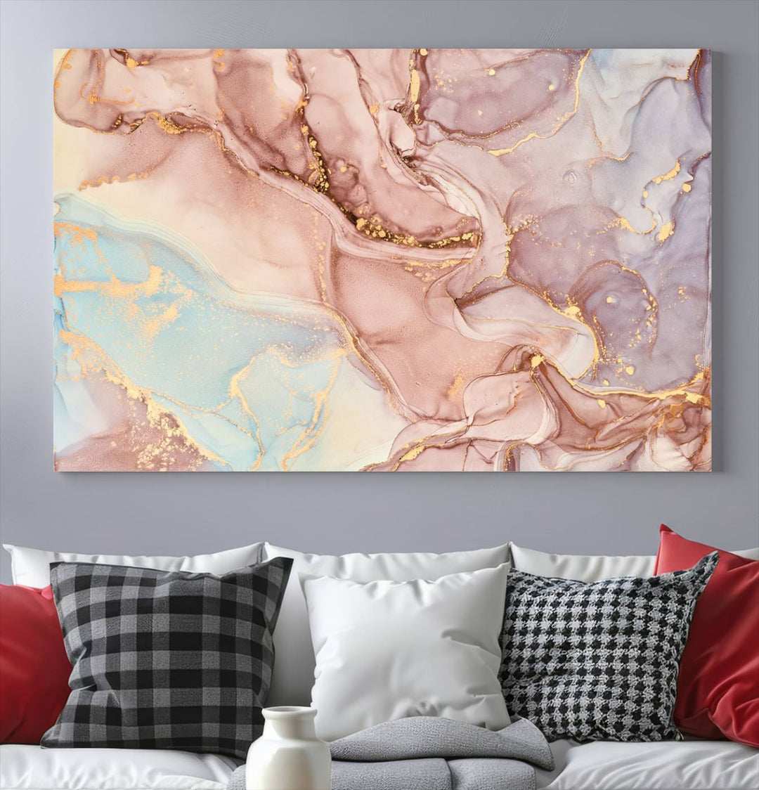 Arte de pared grande con efecto fluido de mármol dorado rosa, lienzo abstracto moderno, impresión artística de pared