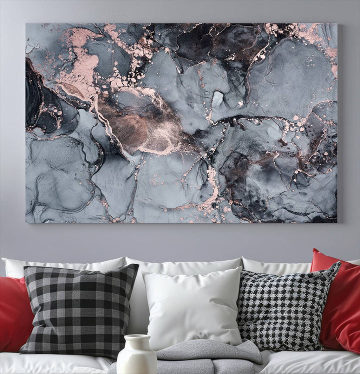 Impresión de arte de pared grande con efecto fluido de mármol gris y oro rosa, lienzo abstracto moderno