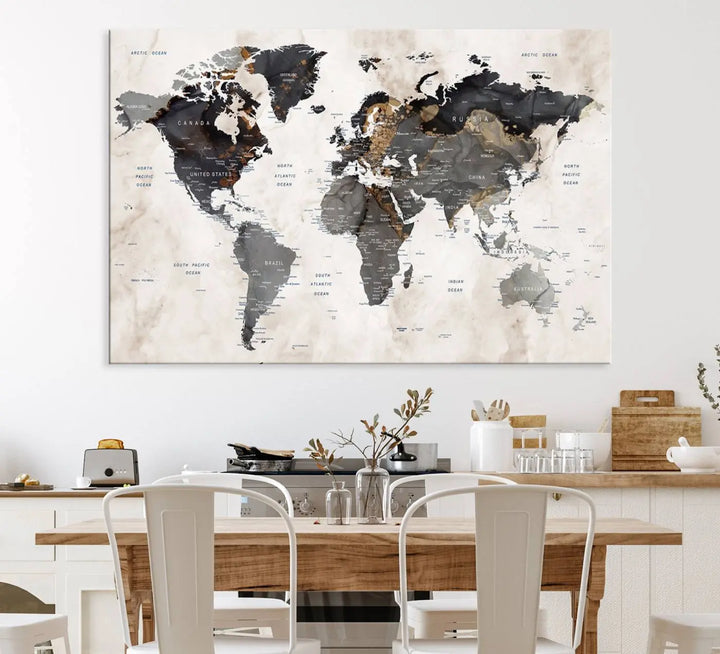 The dining room wall is adorned with the World Map Canvas Print – Earthy Triptych Wall Art, a vintage global map decor featuring dark continents.