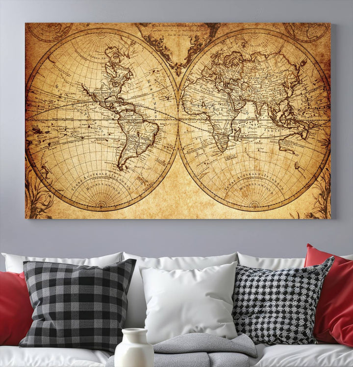 Vintage World Map Wall Art | 3-Panel Canvas Print for Living Room, Office, or Study | Giclee Canvas with Antique Design