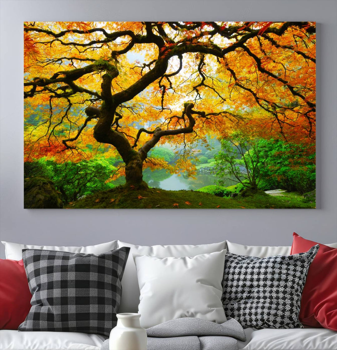 Portland Japanese Maple Tree Canvas Wall Art – Nature Landscape Print – Framed and Ready to Hang for Living Room or Office Decor