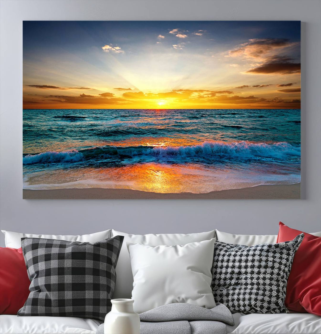 Vibrant Ocean Sunrise Over Golden Beach Waves, Giclee Canvas Wall Art Set, High-Quality Stretched Canvas Print, Ready to Hang Coastal Sunset Wall