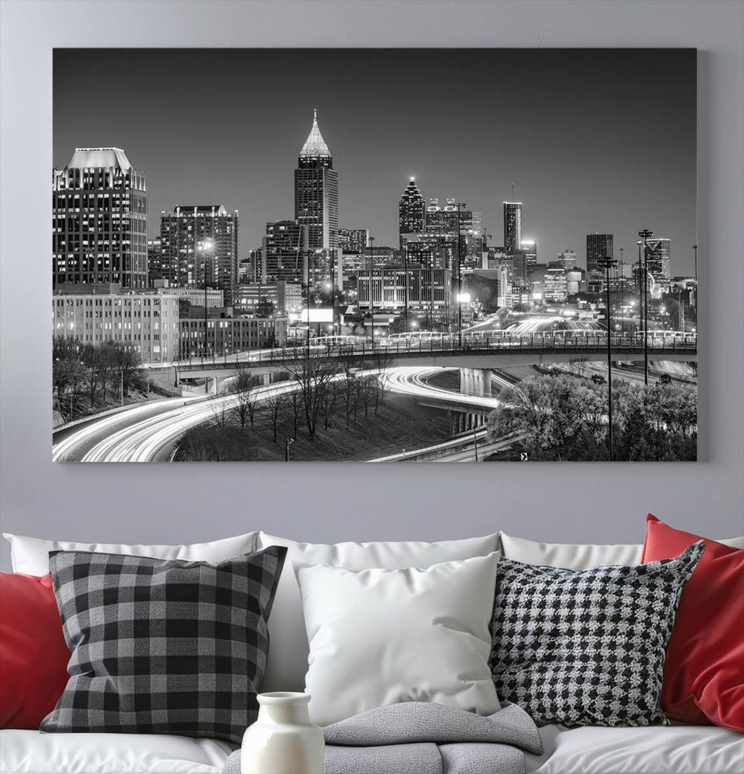 Atlanta City Lights Skyline Art mural noir et blanc Paysage urbain Impression sur toile