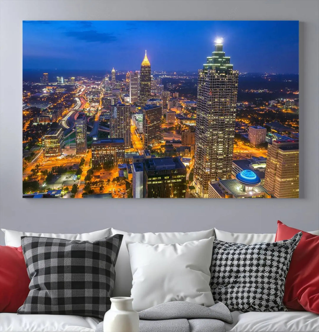 An elegant Atlanta City Blue Skyline Cityscape View Wall Art Canvas Print graces the wall, offering a sophisticated addition to your living space. Enjoy free shipping on this stylish piece.