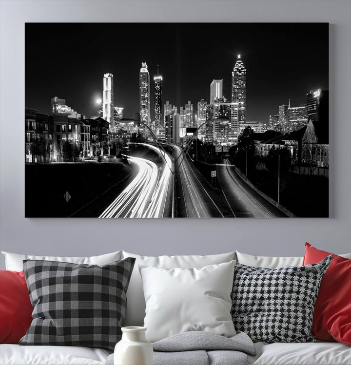 Atlanta City Lights Skyline Art mural noir et blanc Paysage urbain Impression sur toile